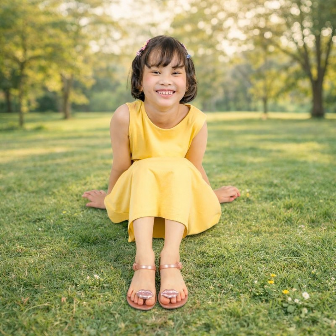 A child wearing sandals seated on grass.