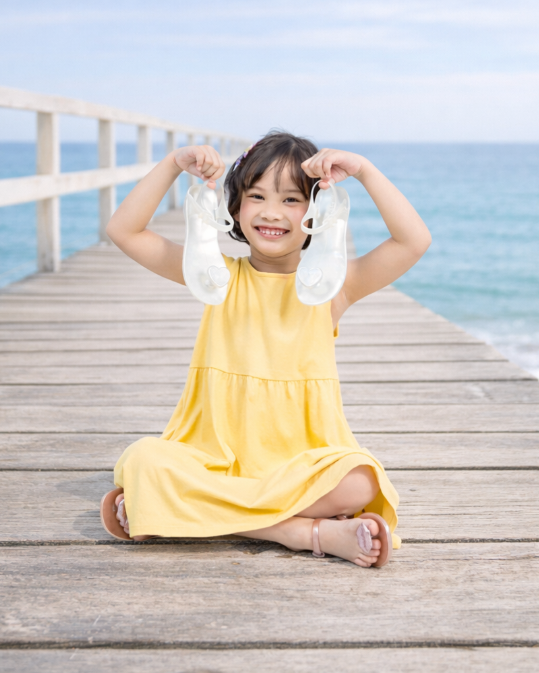 A child in a yellow dress holding white sandals on a seaside pier.